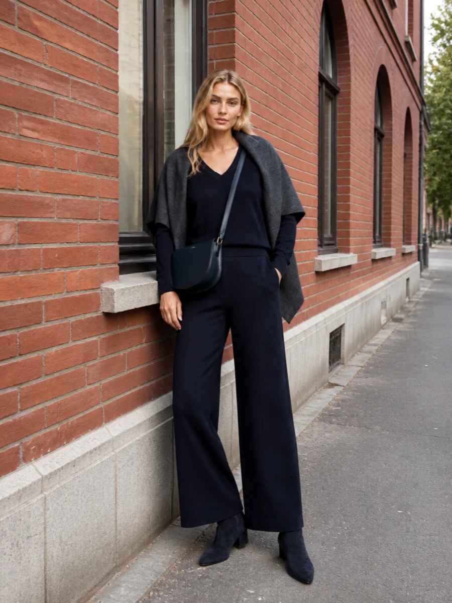 Head-to-toe navy knits keep this outfit calm and precise, with the cropped V-neck meeting fluid wide-leg trousers for a long, relaxed line. Pointed suede ankle boots sharpen the proportions just enough, while a structured curved bag keeps everything feeling intentional and quietly polished for city days or understated dinners.