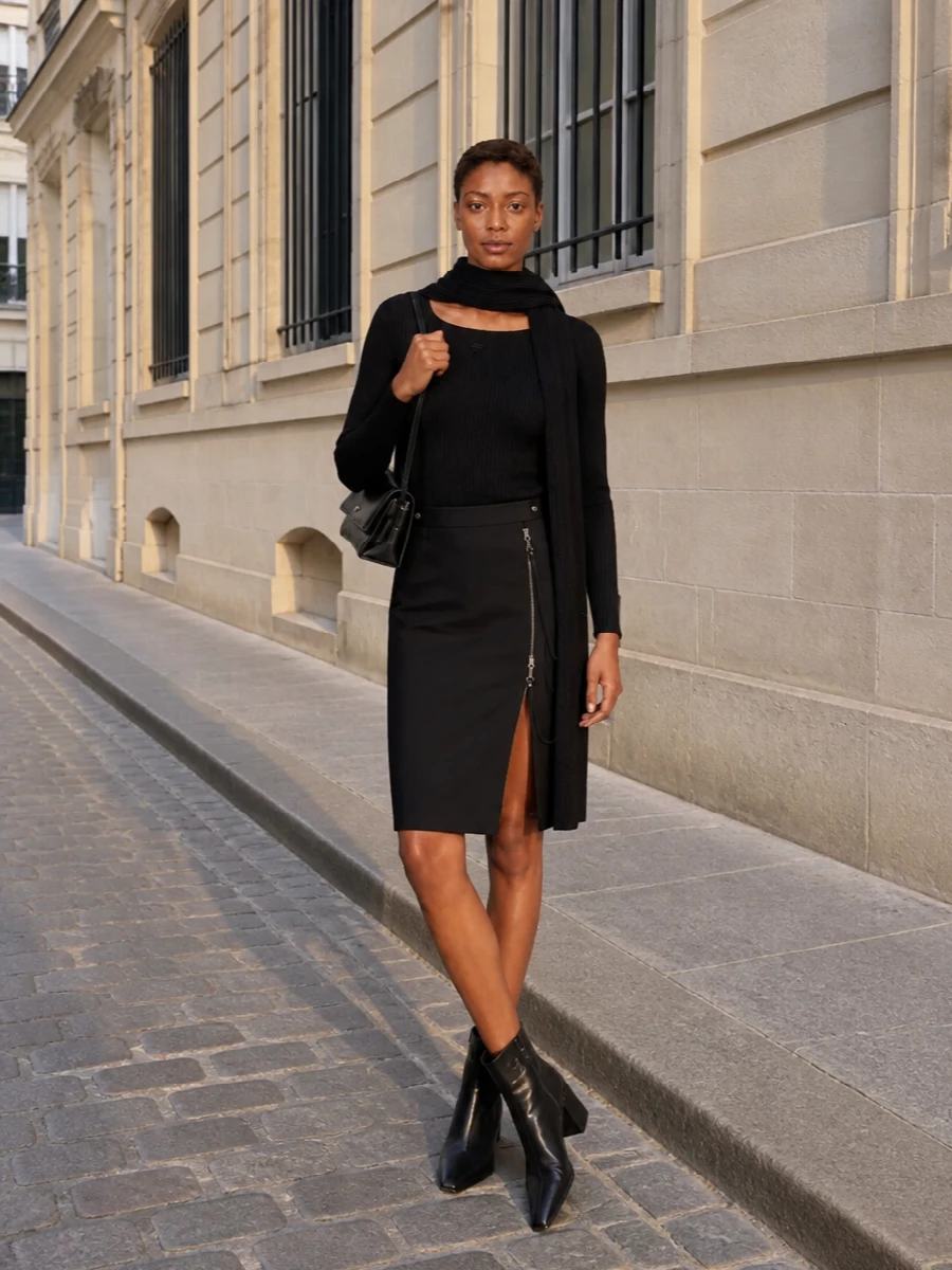 Courreges black ribbed top zip slit skirt outfit