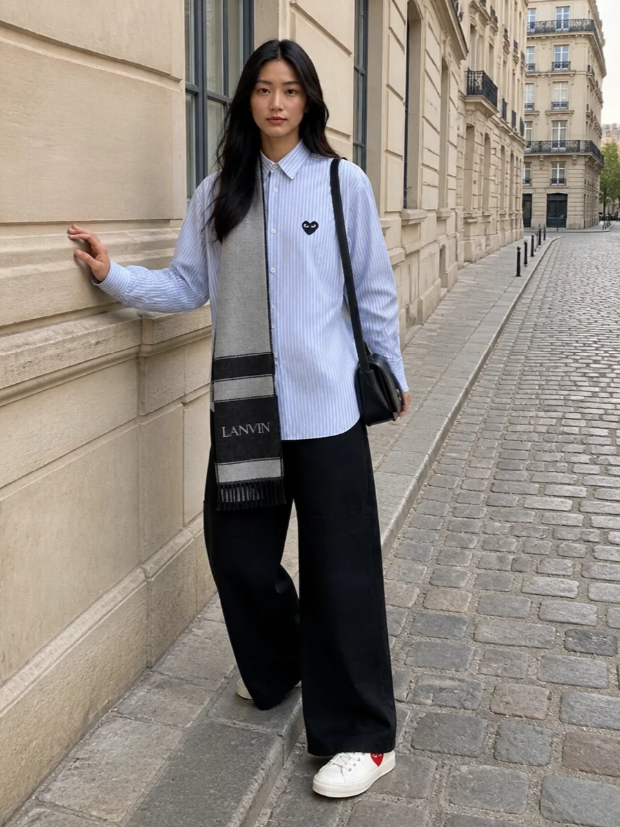 A relaxed striped Play shirt is grounded with long black wide-leg tailoring for a clean, borrowed-from-the-boys silhouette. Off-white Play sneakers and a compact black flap bag keep the mood casual yet precise, while the grey scarf quietly reinforces the linear, monochrome story. It is an easy city uniform that can move from creative office to weekend without a change of pieces.