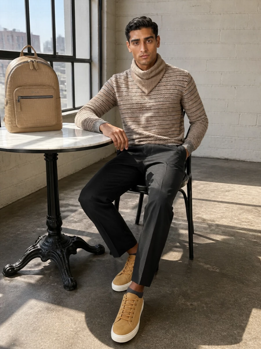 Zanone camel sweater charcoal trousers tods sneakers