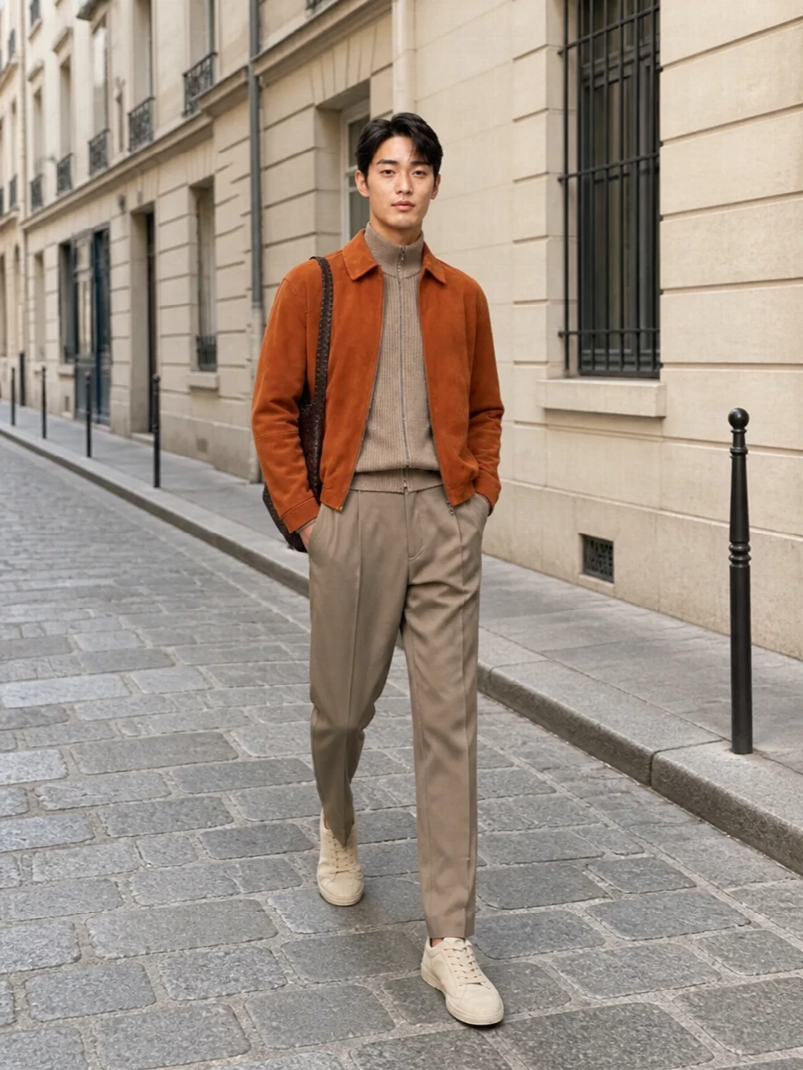 Cognac suede bomber taupe trousers outfit