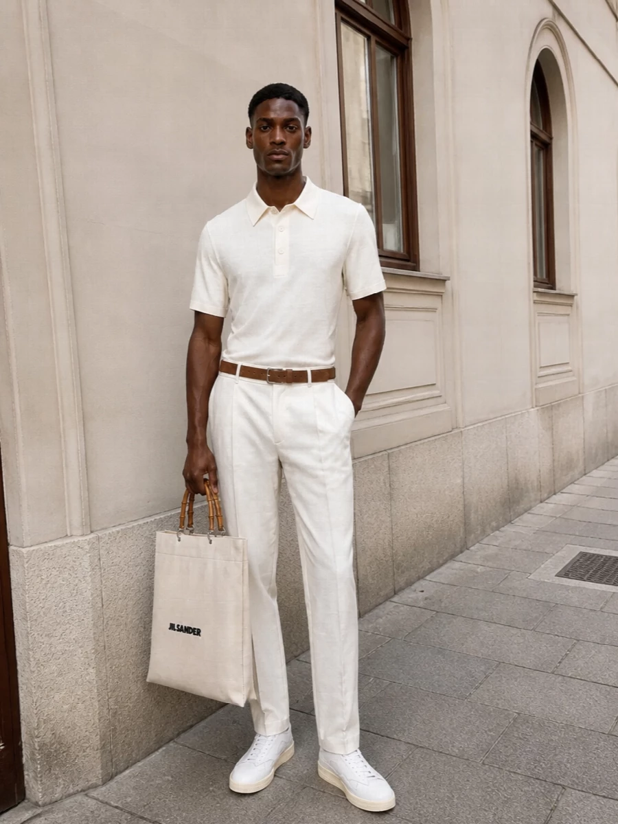An ivory knit polo sits over soft off-white pleated trousers for a restrained, tonal take on summer tailoring. Clean white sneakers keep the line modern and unfussy, while a canvas tote and camel suede belt introduce quiet texture and warmth. The result is polished enough for galleries and subtle dinners, yet relaxed for unhurried daytime in the city or by the coast.