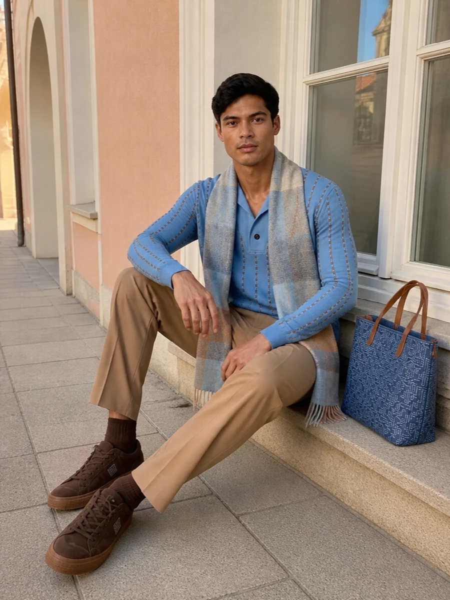 Fendi blue knit polo camel trousers outfit
