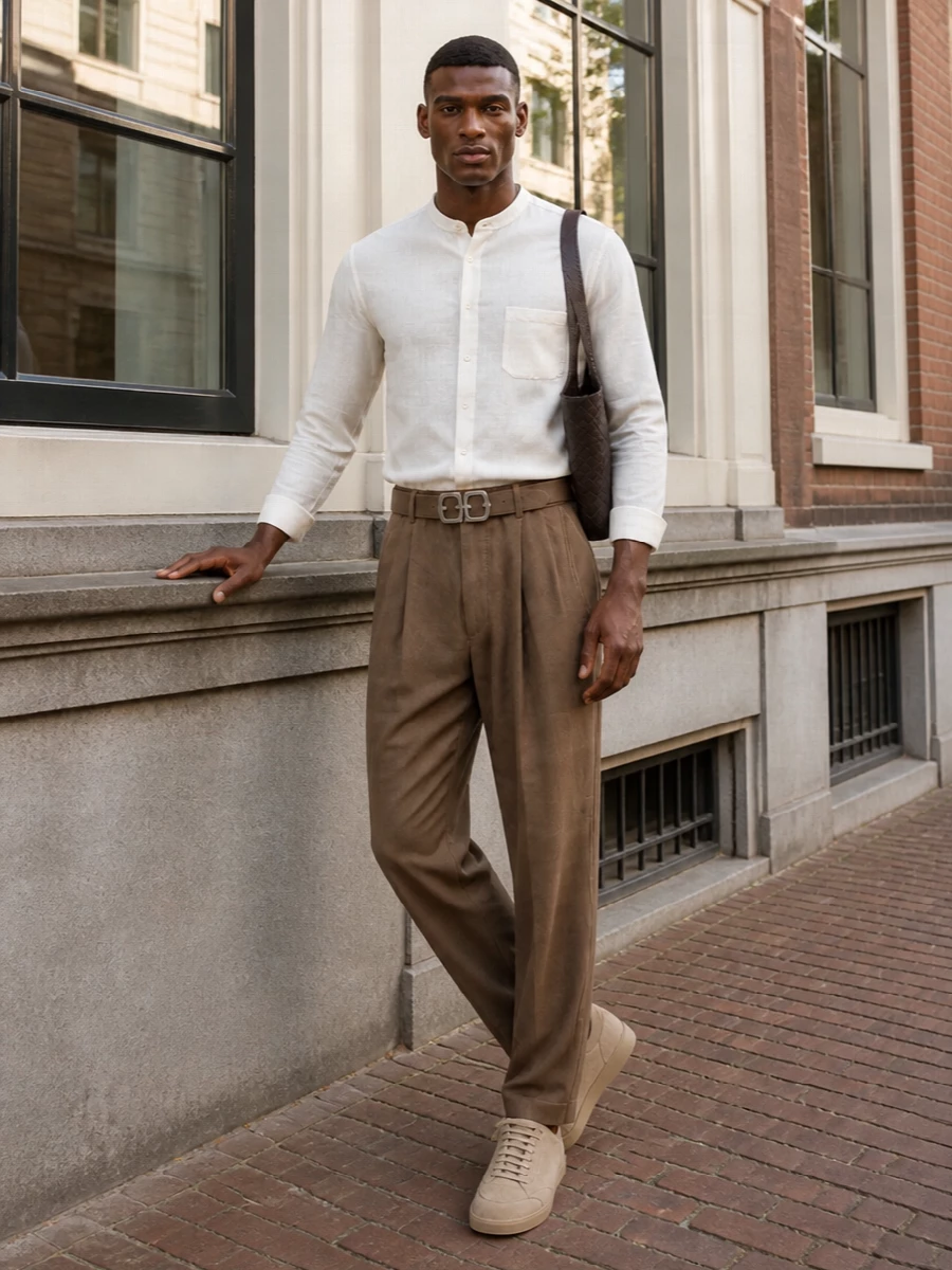 Giorgio armani taupe trousers ivory shirt outfit