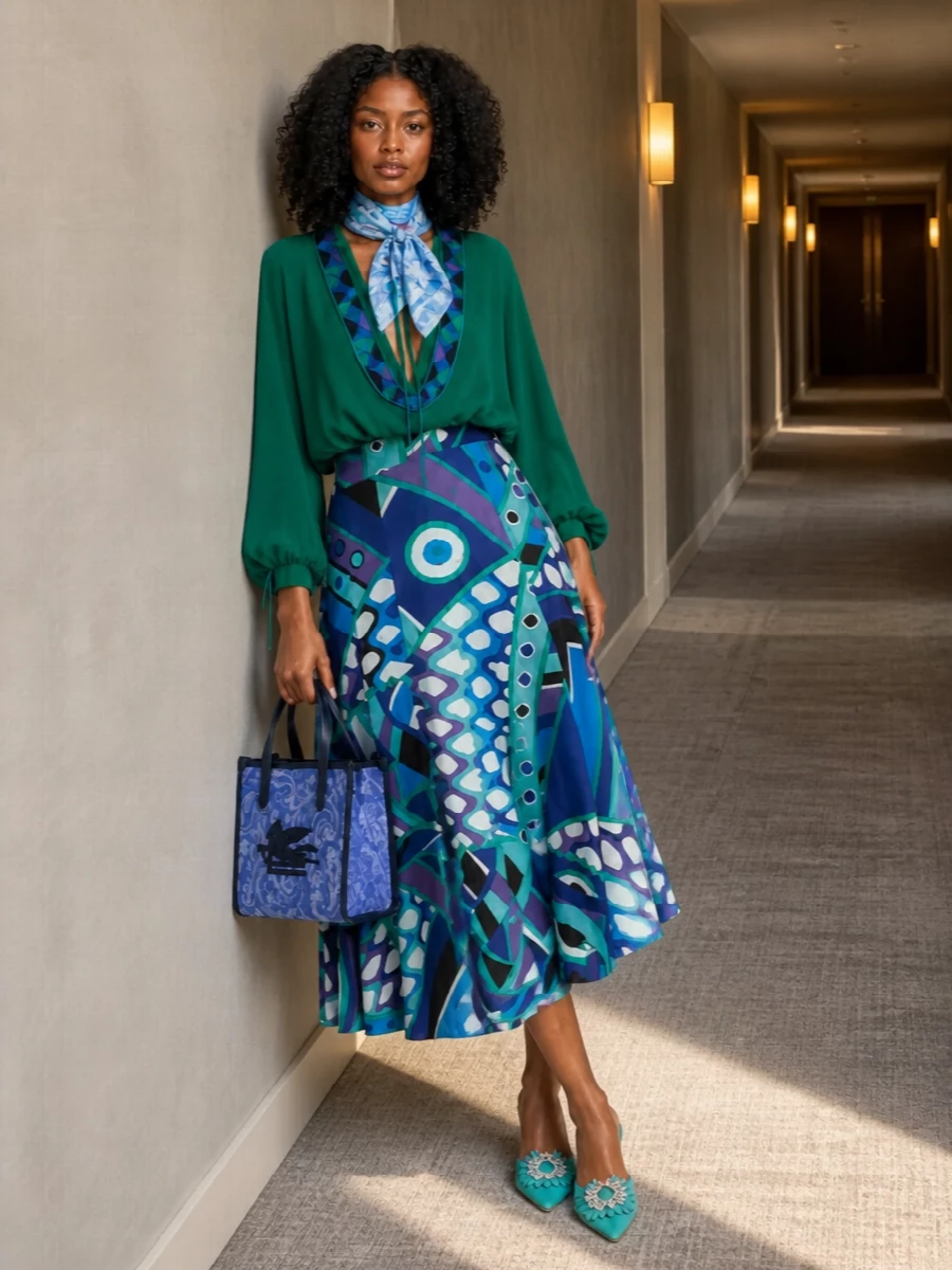 A cool, oceanic Pucci story where the printed midi skirt leads and a mostly solid emerald blouse adds drape and depth without overwhelming the eye. Turquoise Manolo mules and a structured cobalt Etro bag pick up the skirt’s blues, keeping everything polished yet playful for city terraces or seaside evenings. A soft Pucci scarf finishes the palette, giving you the option of a subtle, tonal print-on-print moment.