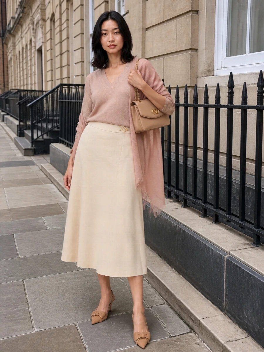 Valentino blush sweater beige midi skirt outfit