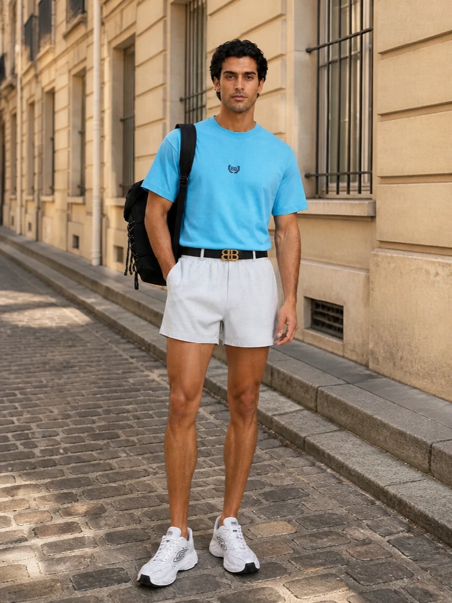 Balenciaga aqua tee white sport shorts outfit
