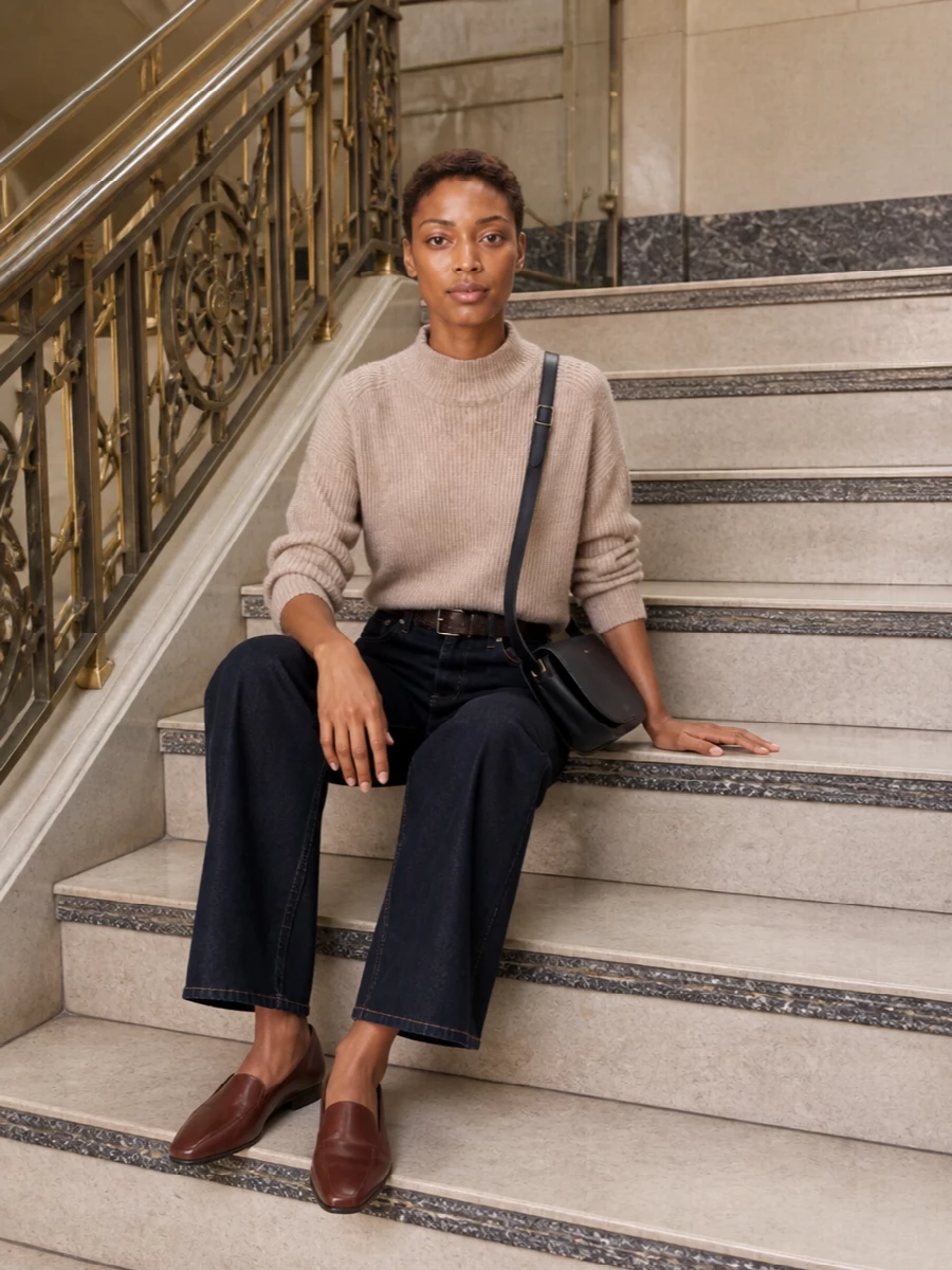 Closed dark denim jeans oat knit aeyde loafers