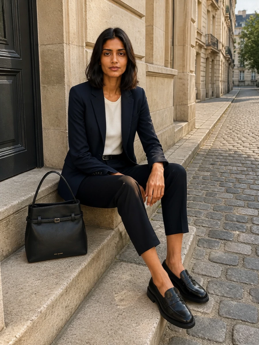 Tagliatore navy blazer black cropped trousers outfit