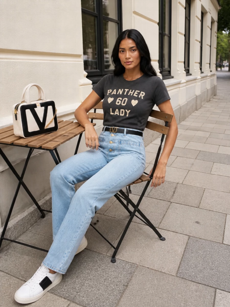 Valentino varsity tshirt high rise jeans sneakers