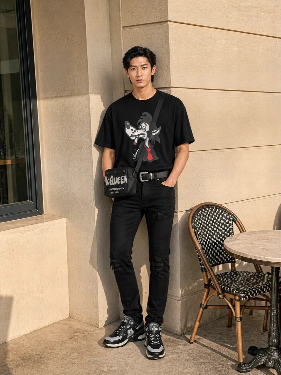 A graphic Amiri wolf tee drops over inky black ribbed denim for a clean, cartoon-meets-rock base. Chunky monochrome sneakers keep the energy grounded and athletic, while a sharp Western-buckle belt pulls the whole streetwear silhouette together. A logo-heavy crossbody adds just enough extra attitude without competing with the tee.