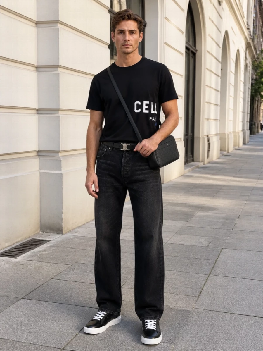 A monochrome Celine uniform that feels sharply relaxed: the logo tee sits over washed-black straight denim, grounded by graphic black and white sneakers. The structured crossbody and slim Triomphe belt add just enough hardware to signal intent while keeping the silhouette clean and easy for day-to-night city wear.