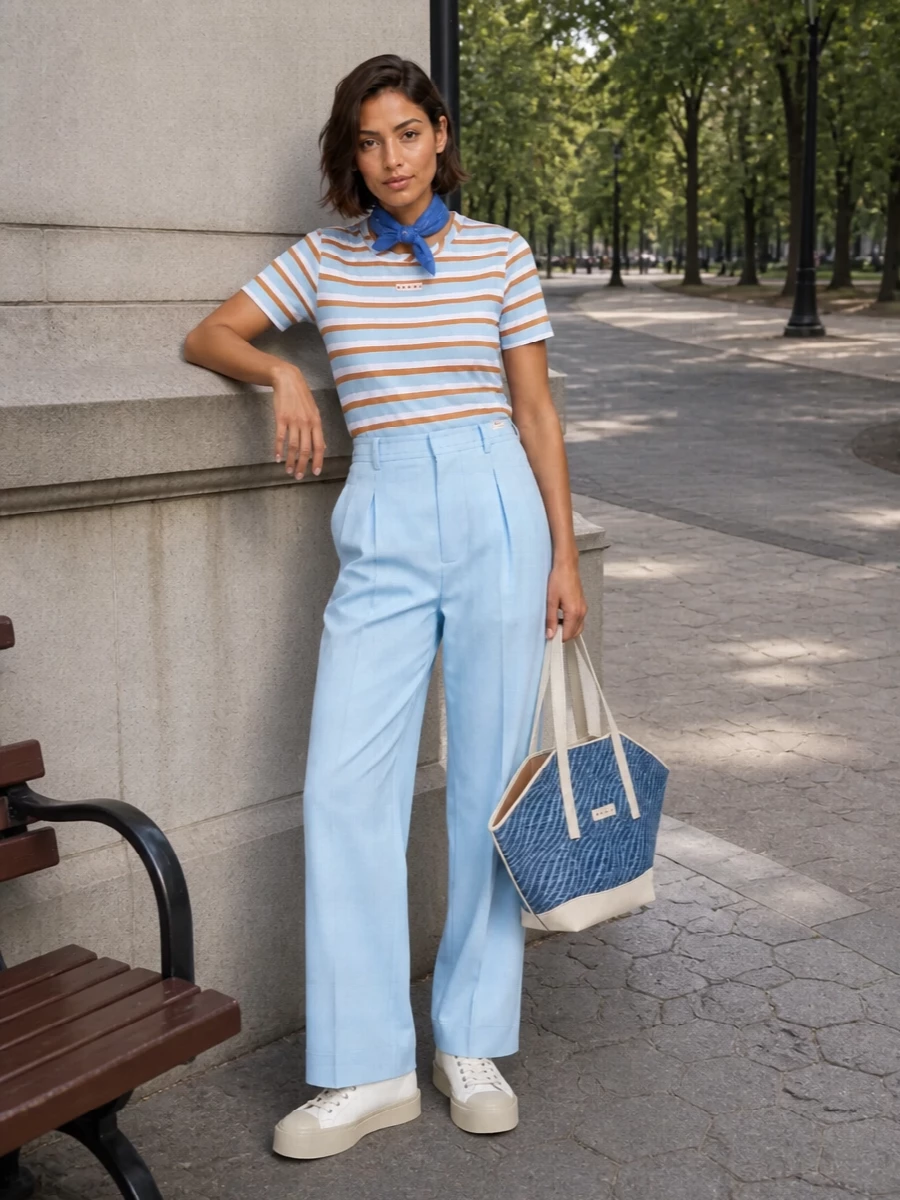 Marni striped tee blue tailored trousers outfit