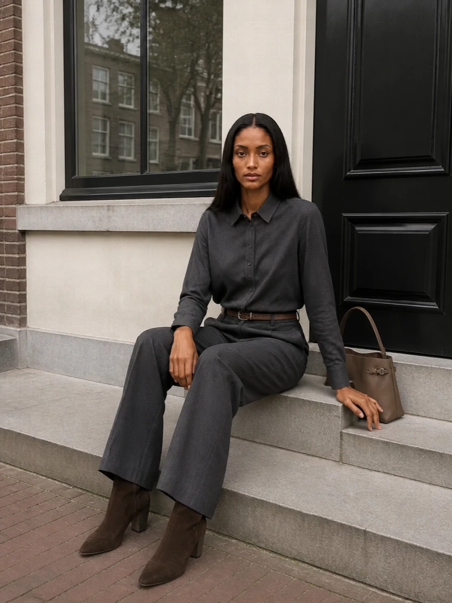 Charcoal shirting and matching wide-leg tailoring create a long, uninterrupted line that feels calm, precise and softly powerful. Deep espresso boots and a slim chocolate belt ground the column of grey, while the taupe trapeze bag picks up the shirt’s warm stitching for a subtle, cohesive contrast. The result is a quietly structured outfit that moves with ease from serious daytime meetings to understated dinners without ever feeling overworked.