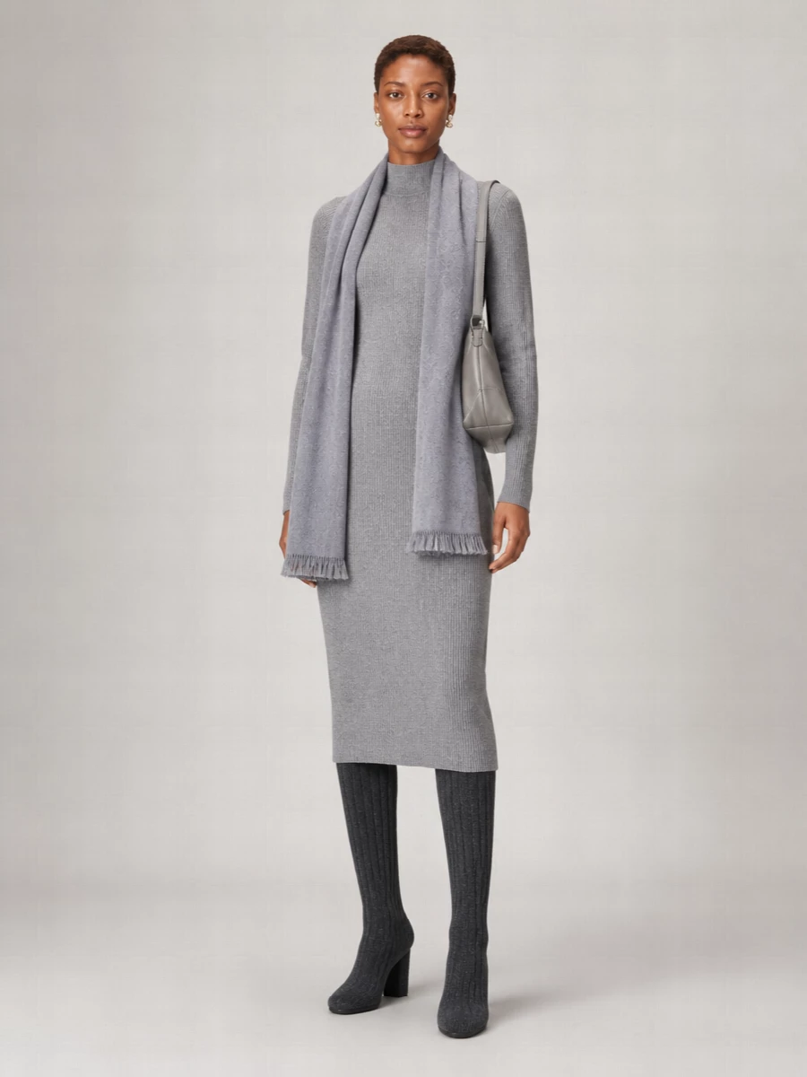 Fabiana Filippi Cashmere Silk Ribbed Long-Sleeve Mock-Neck Midi Knitted Dress