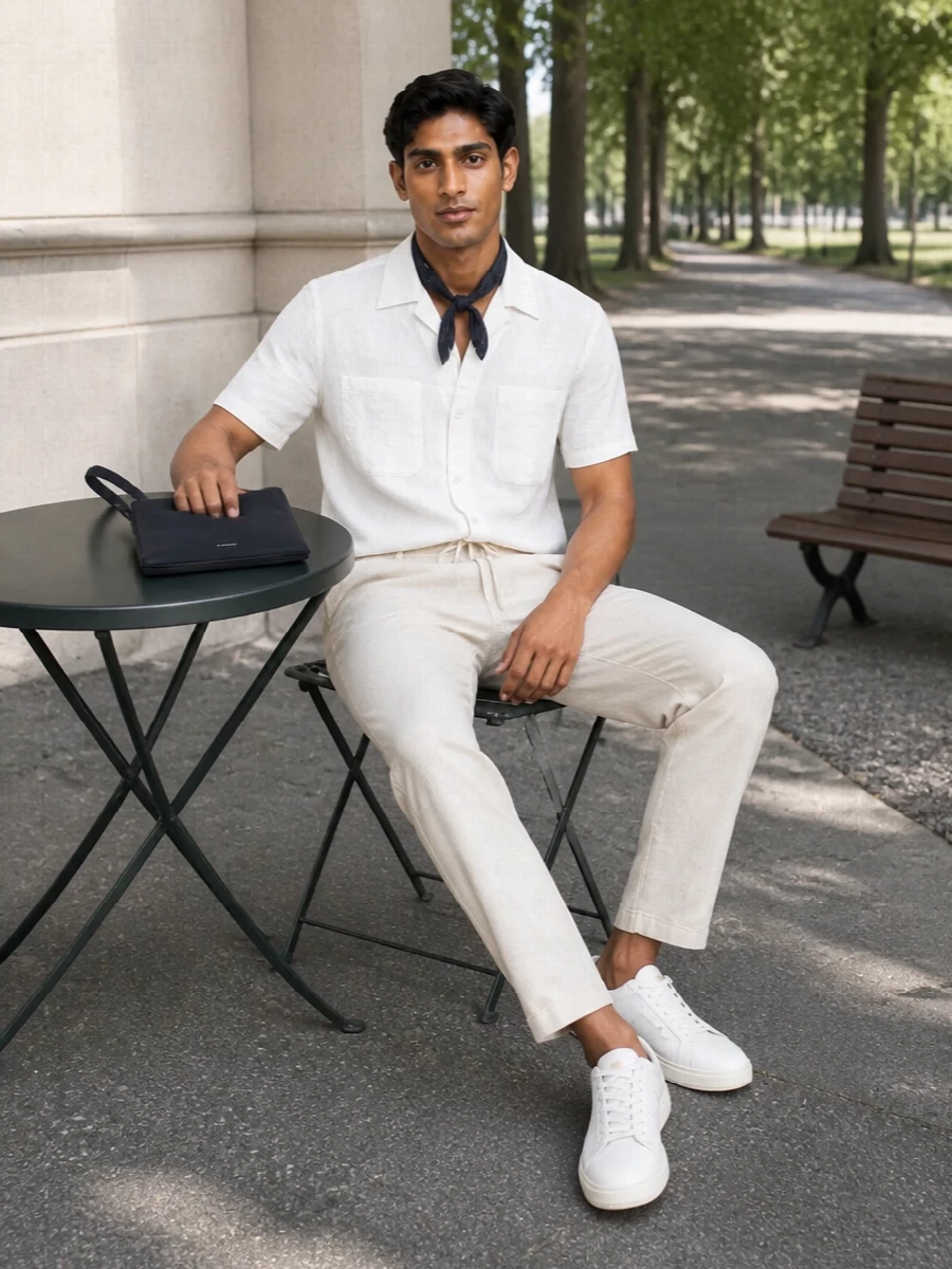 Vince white shirt beige trousers white sneakers