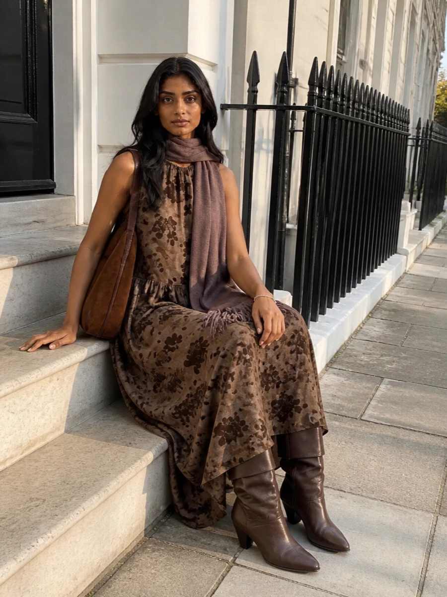 Uma wang floral maxi dress brown ankle boots
