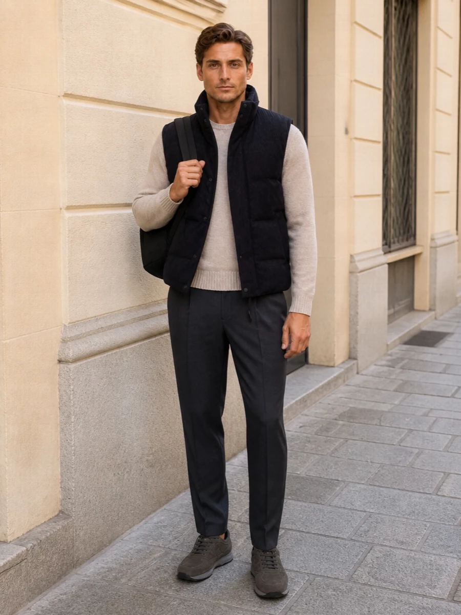 Herno padded gilet tailored trousers outfit