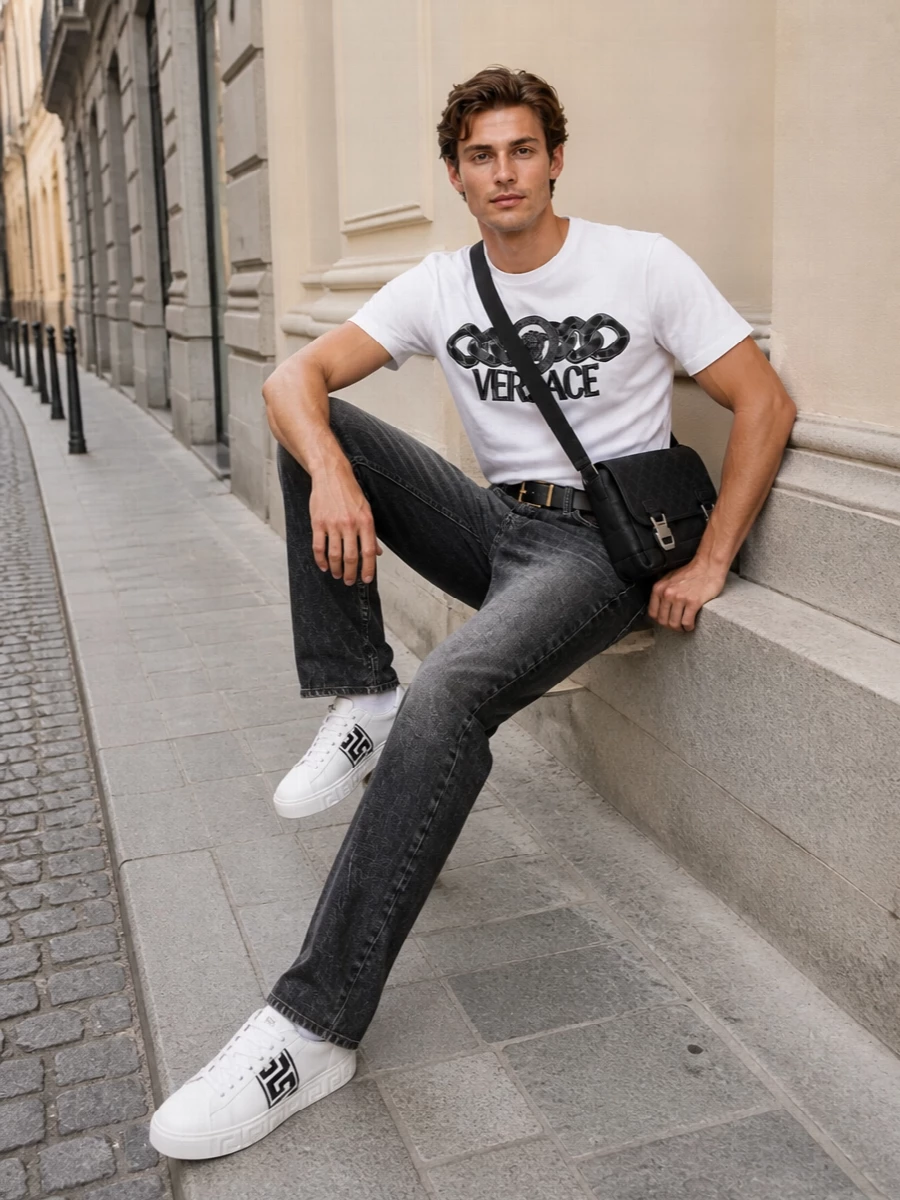 Versace medusa tshirt charcoal jeans sneakers