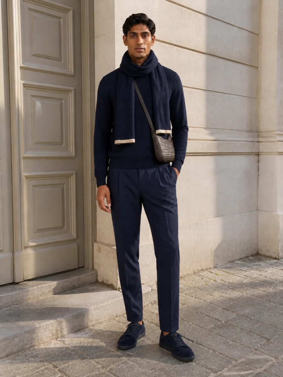 Brunello cucinelli navy sweater pleated trousers