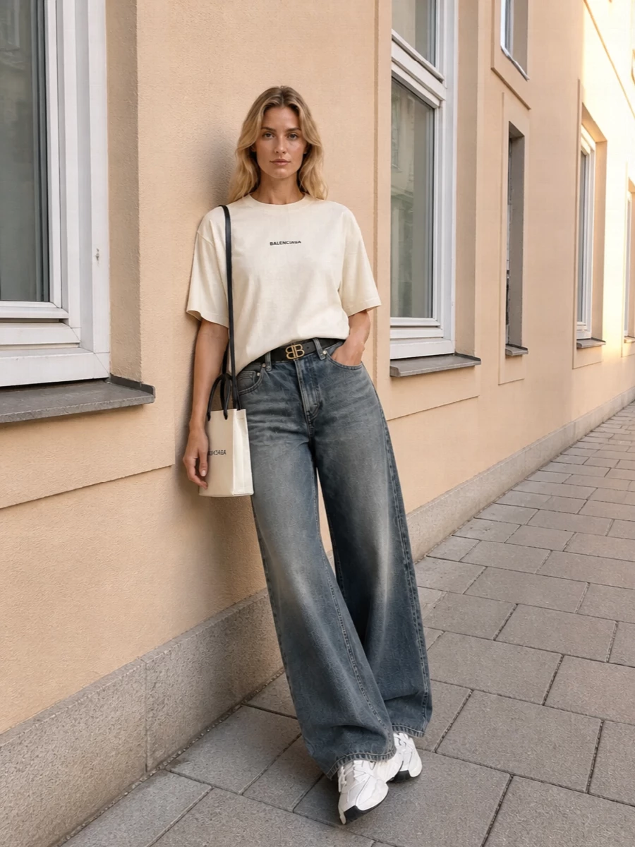 Balenciaga cream logo tee grey wide leg jeans