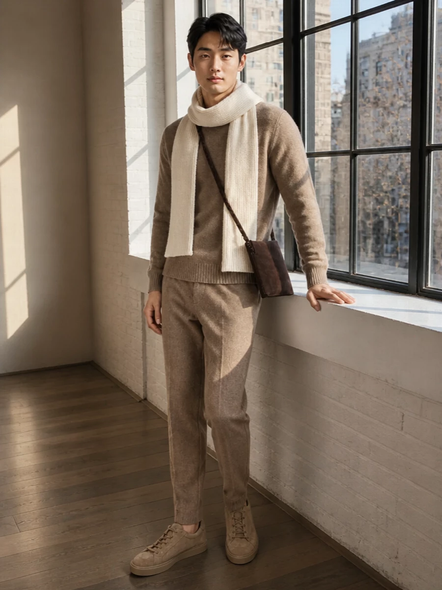 Drumohr camel sweater pt torino trousers outfit