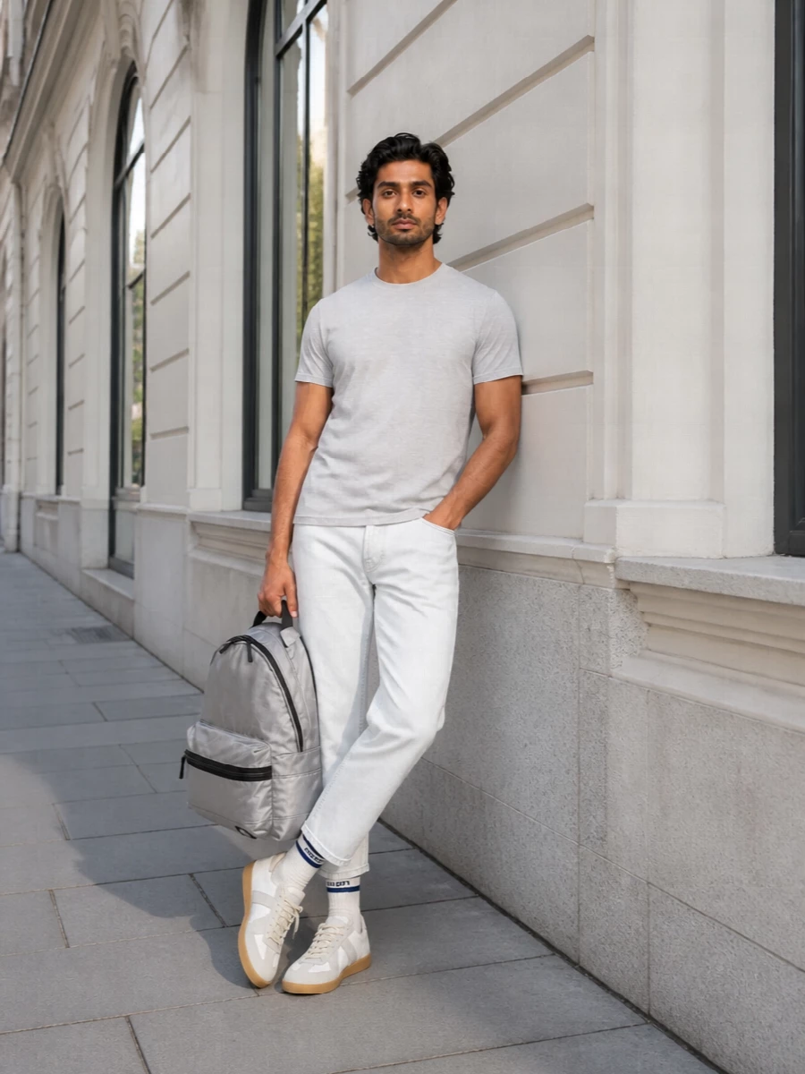 Stone island grey tee white jeans margiela sneakers