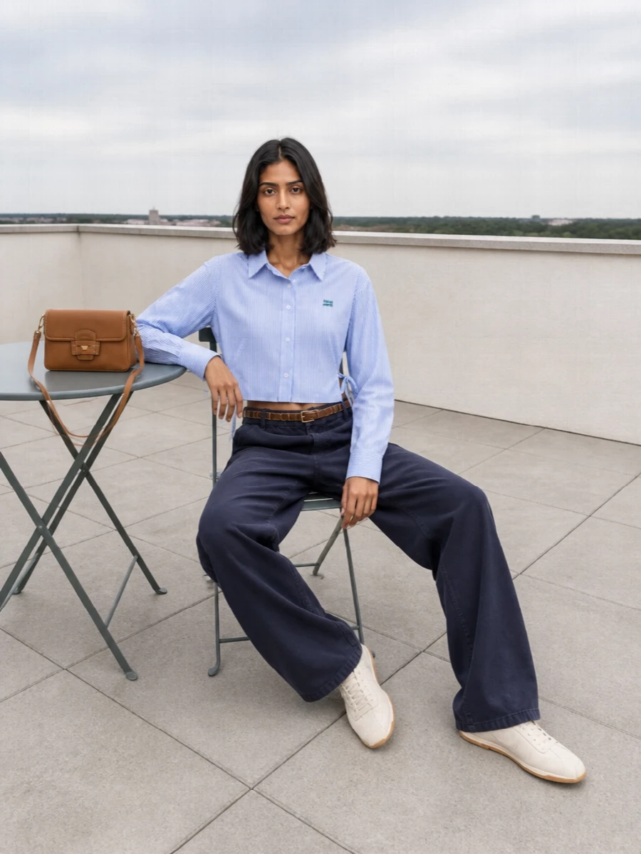 Miu miu navy wide leg trousers cropped striped shirt