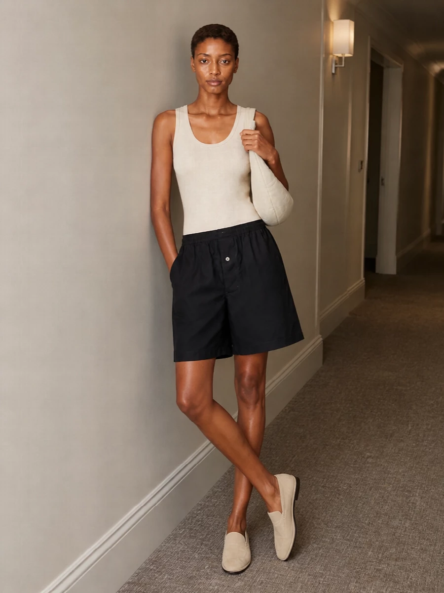 A hushed neutral tank sits against the deep black boxer short, keeping the silhouette relaxed and quietly sensual. Soft suede loafers and a sculpted ivory hobo refine the palette without adding noise. The result feels like considered off-duty city dressing that moves easily from coffee to late afternoon drinks.
