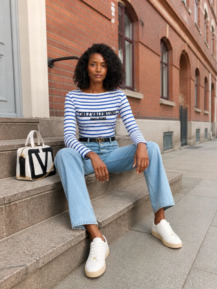 Graphic stripes meet soft vintage-wash denim for a clean, preppy take on streetwear that feels easy for city days. The high-rise straight leg balances the structured tee, while white gum-sole sneakers keep the energy relaxed but precise. A black-and-ivory structured tote plus a slim logo belt add just enough Valentino polish without competing with the chest lettering.