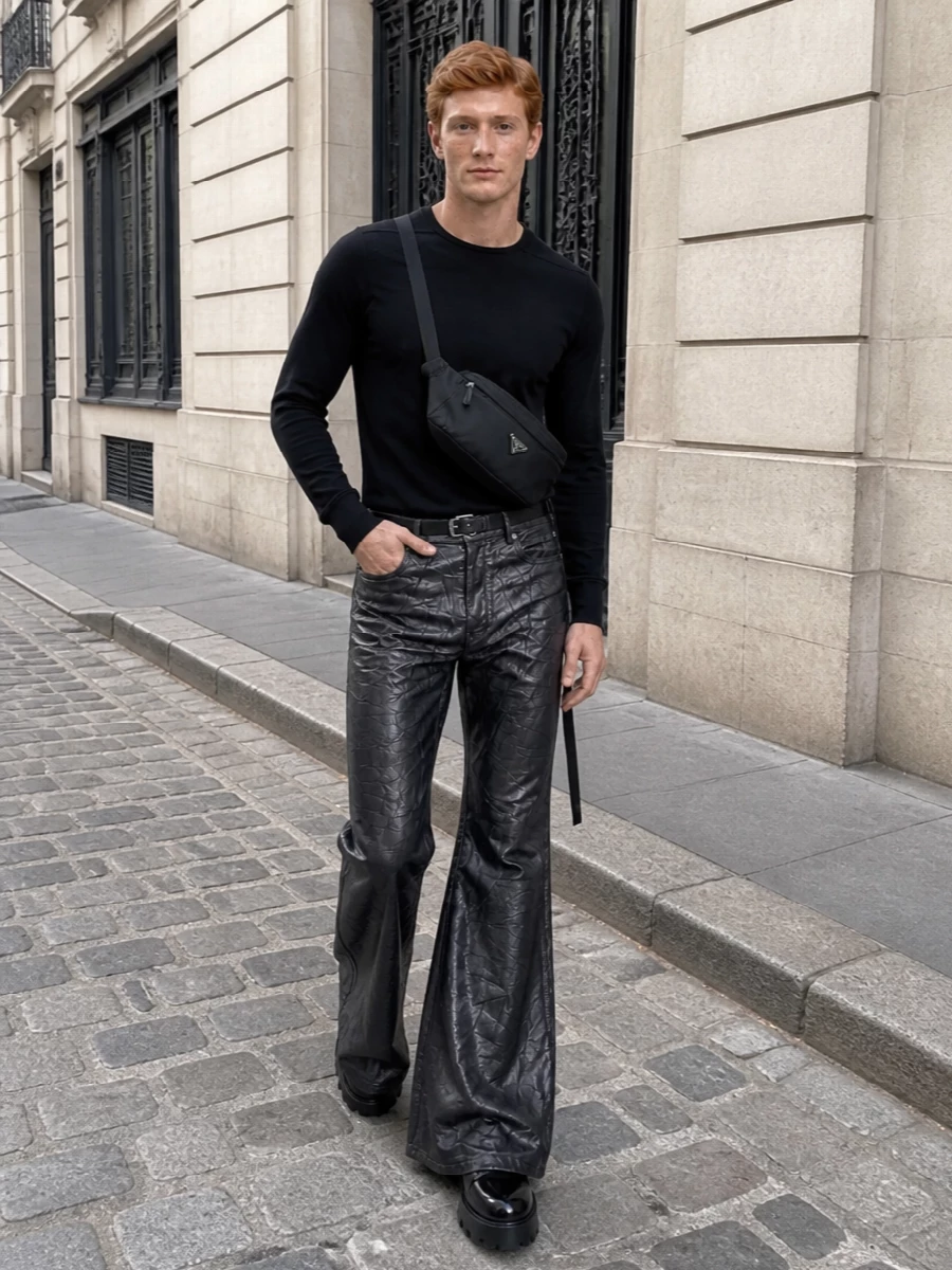 Drkshdw metallic flared trousers black tee outfit