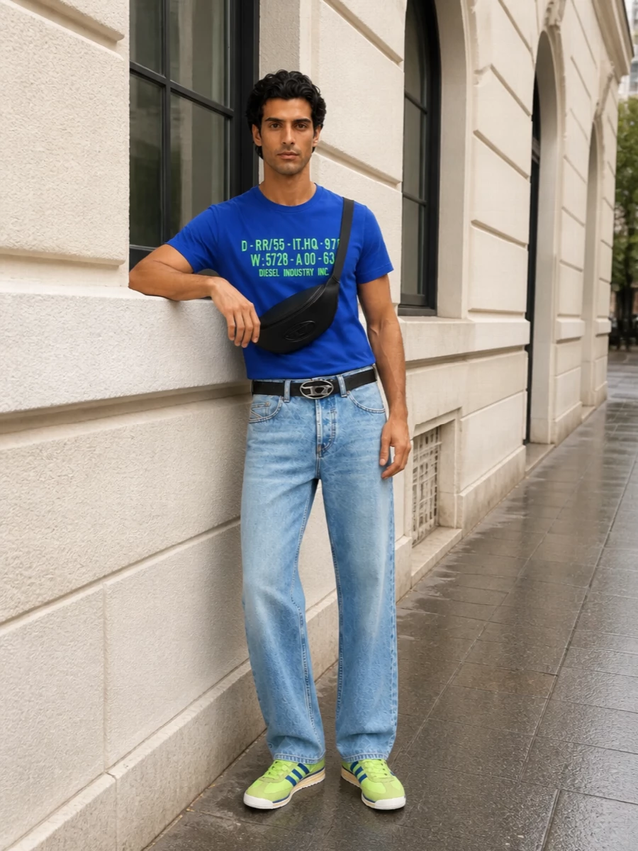 Diesel graphic tee light wash jeans adidas sneakers