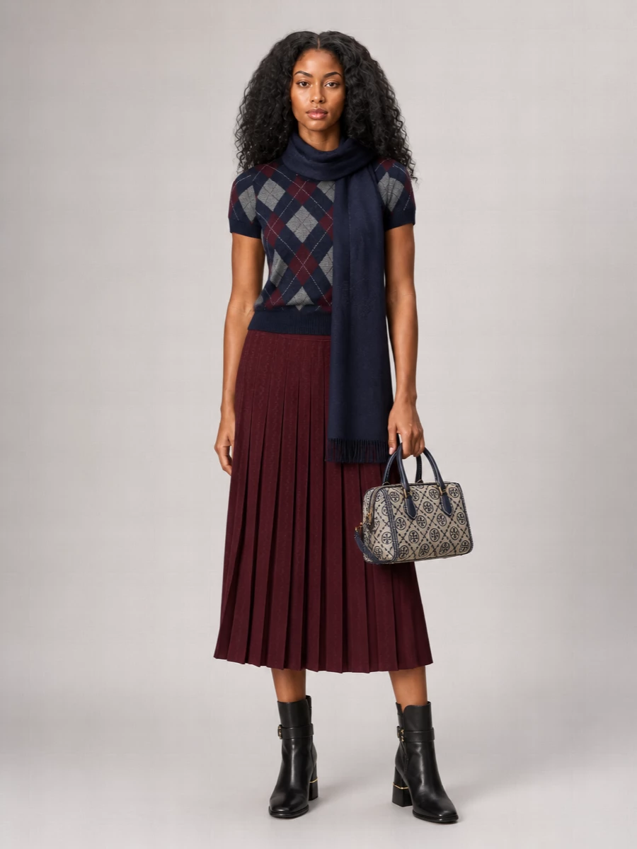 Tory Burch wool argyle short-sleeve crewneck sweater