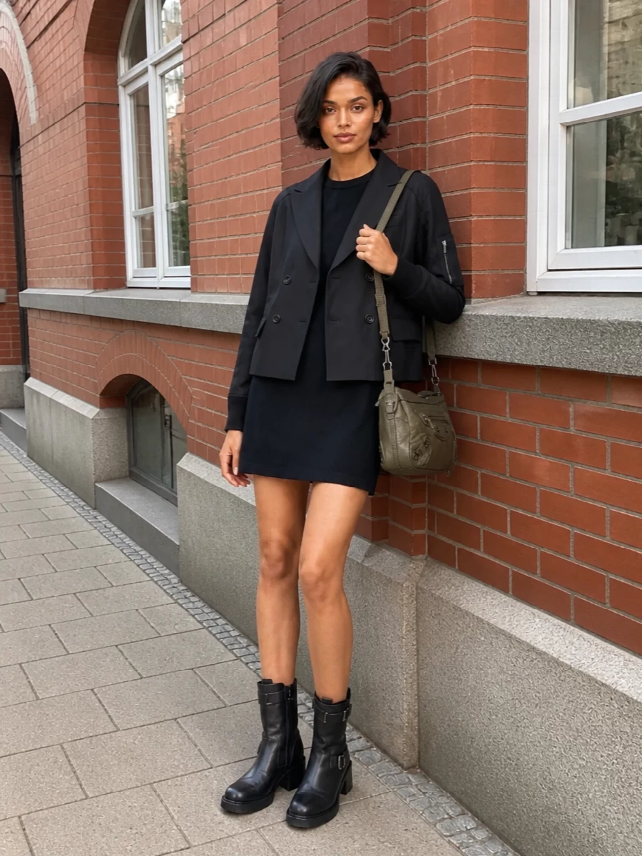 Sacai coat mini dress biker boots styling
