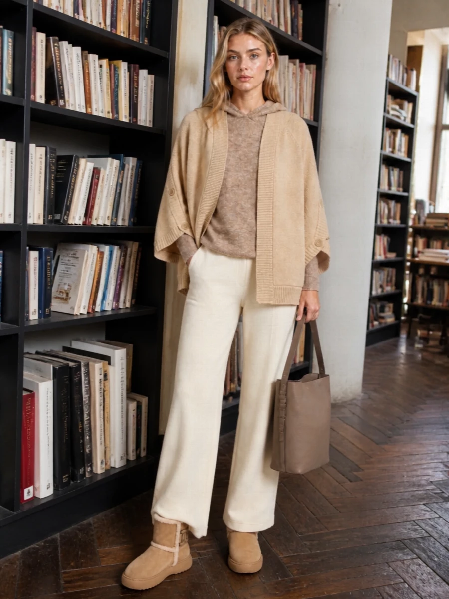 This is a tonal knit-on-knit ensemble built around the poncho, so I chose the top and trouser route instead of a dress to preserve its easy, layered attitude. The camel melange hoodie and cream wide-leg trouser mirror the original styling while the Tod’s shearling boots and structured Max Mara bucket bag keep the mood quietly relaxed yet city ready. Everything stays in the same warm neutral register, with just enough structure in the accessories to stop the cocooning volumes feeling slouchy.