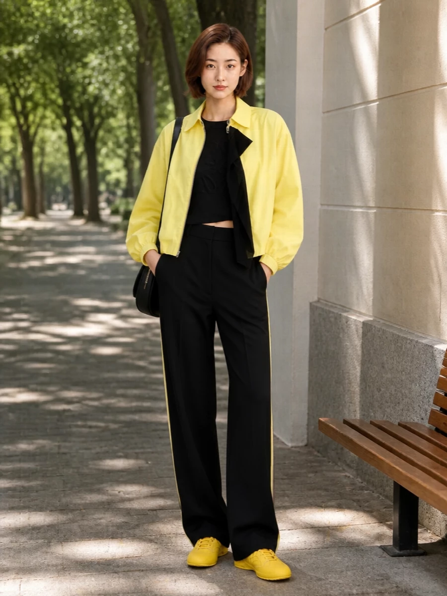 Loewe yellow bomber black stripe trousers outfit