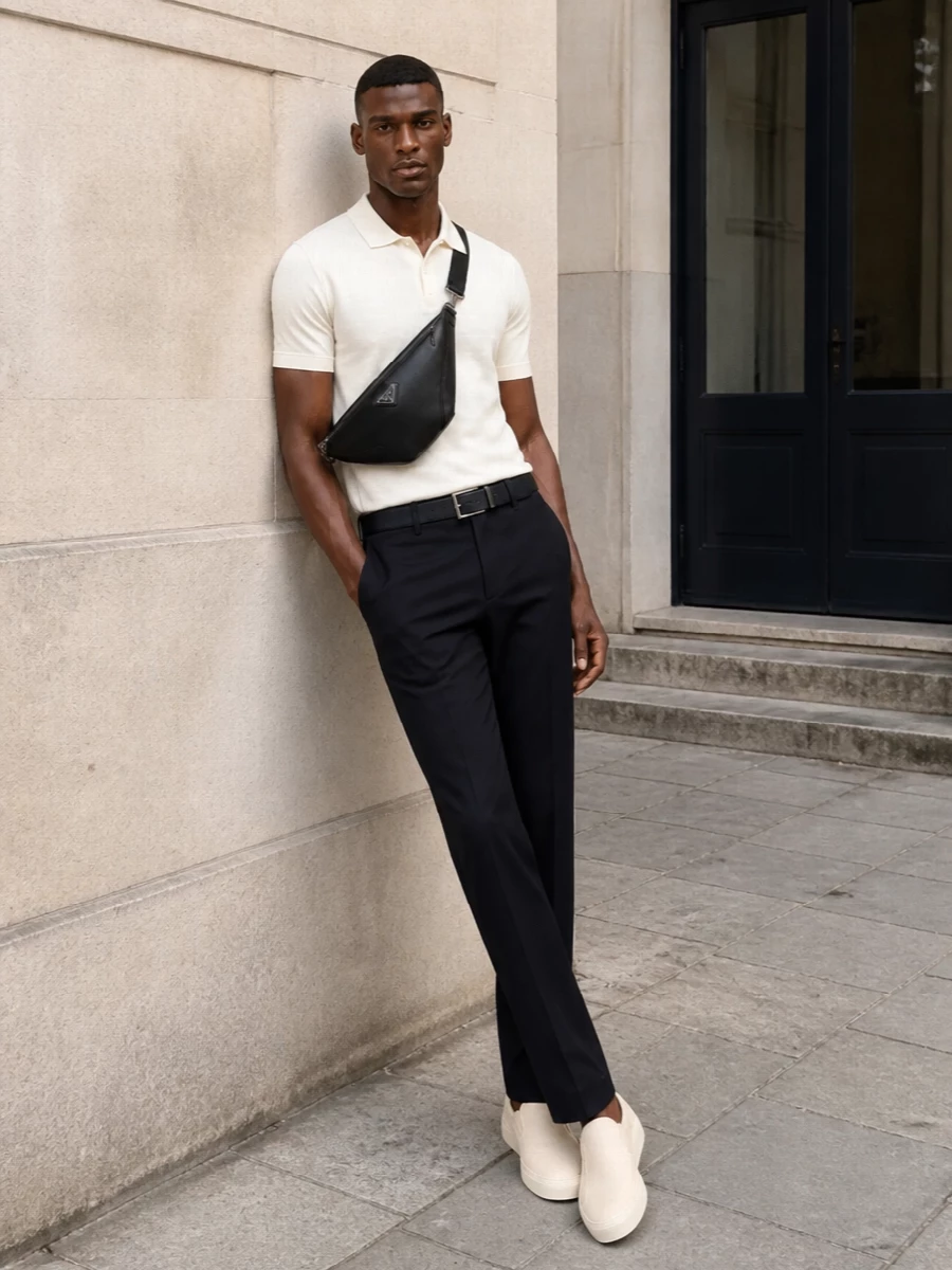 Moncler trousers knit polo prada belt outfit