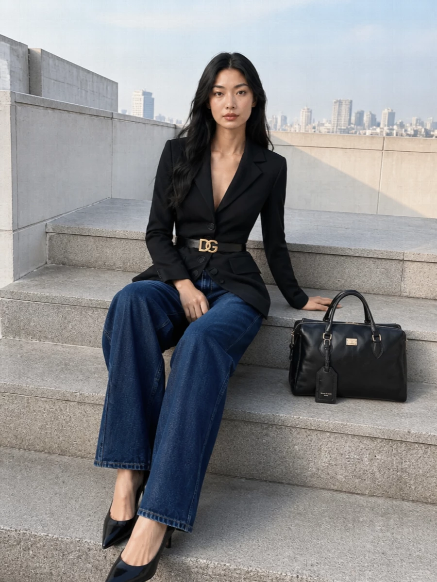 Dolce gabbana blazer dark wide leg jeans outfit