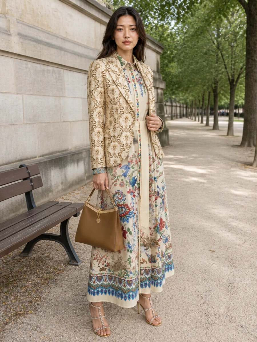 This is a warm, romantic Etro story built around buttercream and gold, where the brocade blazer and embroidered shirt dress feel like they belong to the same sunlit collection. The fluid maxi and strappy gold sandal keep the mood cocktail-ready yet relaxed, while the caramel top-handle bag grounds all that pattern with clean, quiet structure. It is a refined option for gallery openings, summer weddings or city dinners when you want impact through texture and print rather than loud colour contrast.