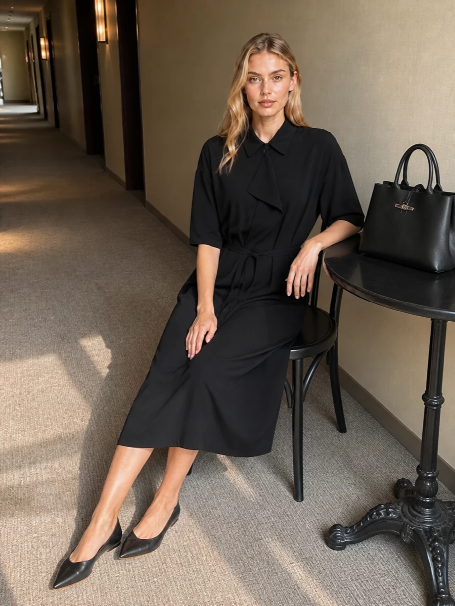 This pairing leans into a single, precise gesture: the inky Lemaire shirt dress and Lanvin pointed ballerinas create a long, uninterrupted line that feels polished but not overworked. The self-tie waist subtly echoes the shoe’s tan trim without adding color noise, keeping the palette almost monochrome and very modern. I chose the dress route over separates to keep the silhouette calm and columnar, which best suits the sleek flat and quiet-luxury brief.