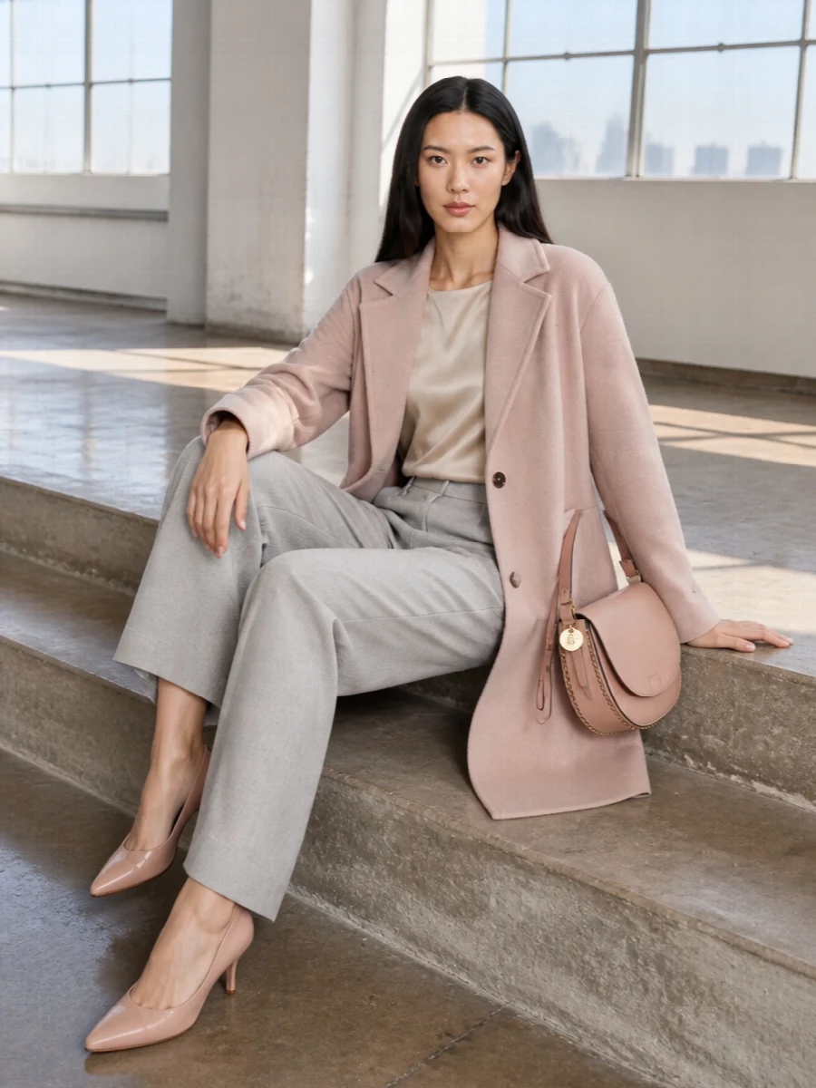 Herno blush coat wide leg trousers outfit