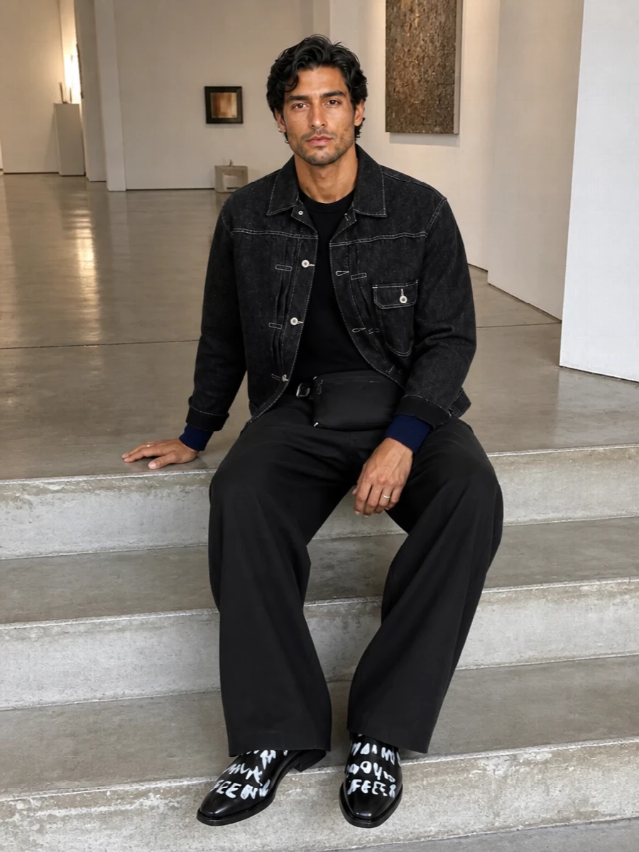 Comme des garcons denim jacket wide leg jeans outfit