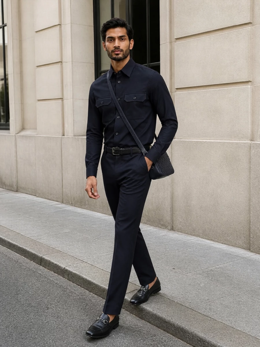 Gucci navy shirt trousers outfit loafers