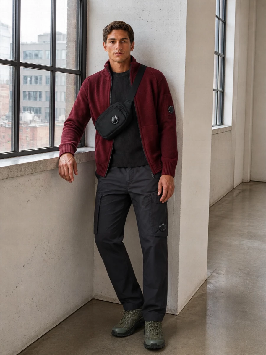 Cp company burgundy bomber charcoal cargos new balance