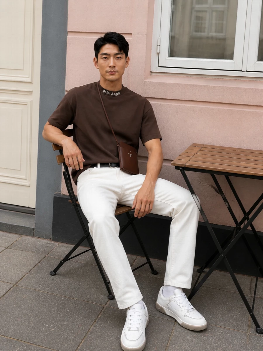 Chocolate and off white do the work here, giving a clean two-tone base that reads modern and easy. Straight-leg off white denim lightens the Palm Angels tee, while neutral skate-inspired sneakers keep everything grounded without feeling heavy. A slim belt and compact brown leather crossbody add just enough structure so the outfit still feels considered when you are moving through the city all day.