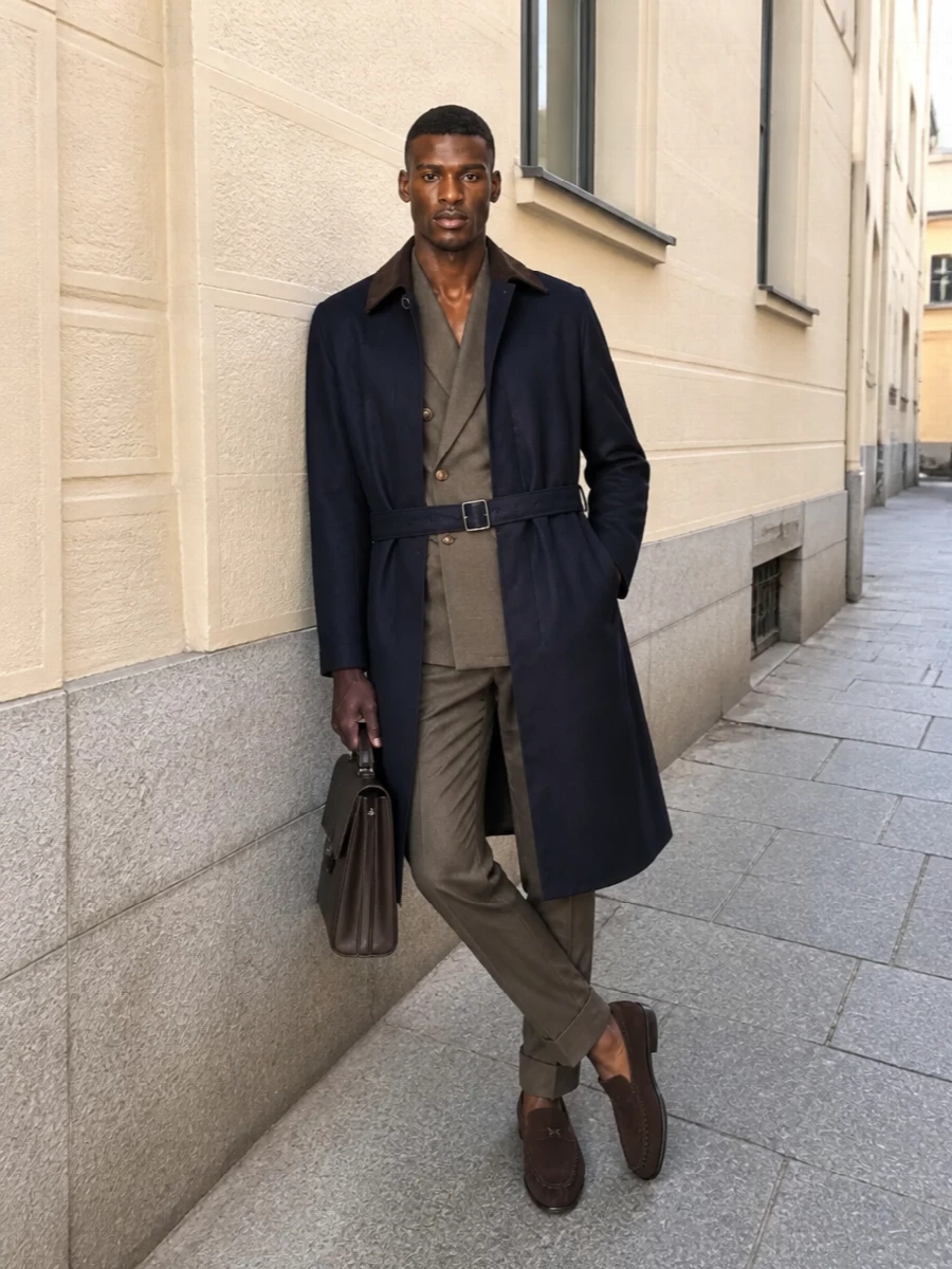 Dior navy coat taupe blazer trousers outfit
