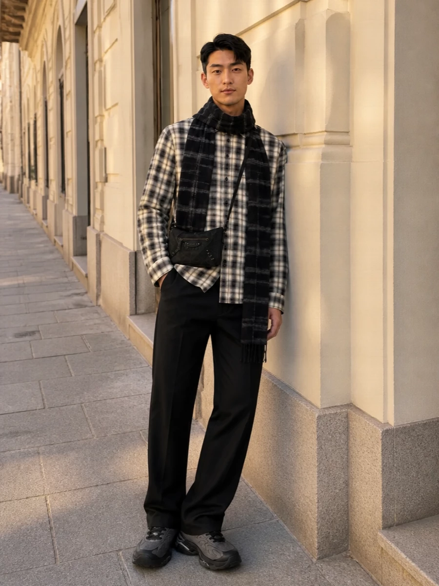 Balenciaga check shirt black trousers sneakers