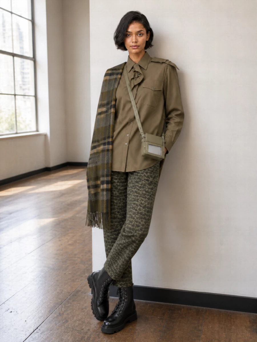 A conceptual uniform of olives and charcoals, this pairing lets the sharp Prada shirt clean up the Kiko camo trouser’s volume. Black lug-soled boots and a slim Margiela crossbody keep the energy grounded and directional, while the mossy tartan scarf brings in winter texture without diluting the utilitarian attitude.