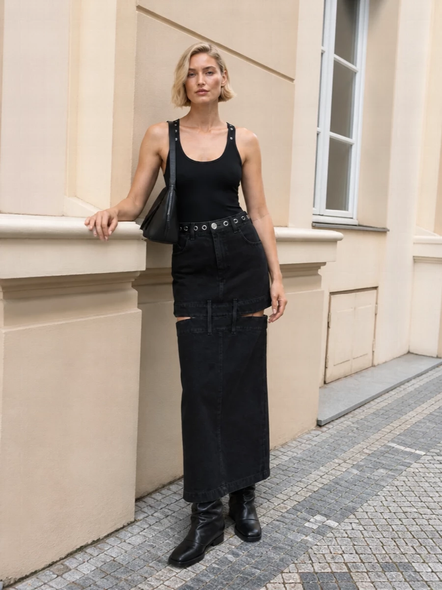 The attico black denim maxi skirt outfit tank