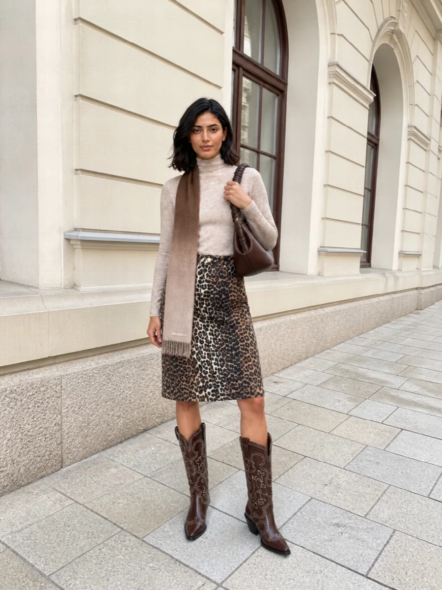 Ganni leopard skirt beige turtleneck brown boots